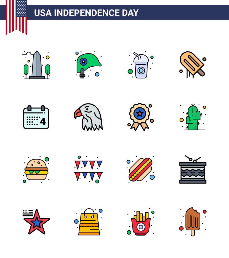 Pack of 16 USA Independence Day Celebration Flat Filled Lines Signs and 4th July Symbols such as calender american star cream soda Editable USA Day Vector Design Elements