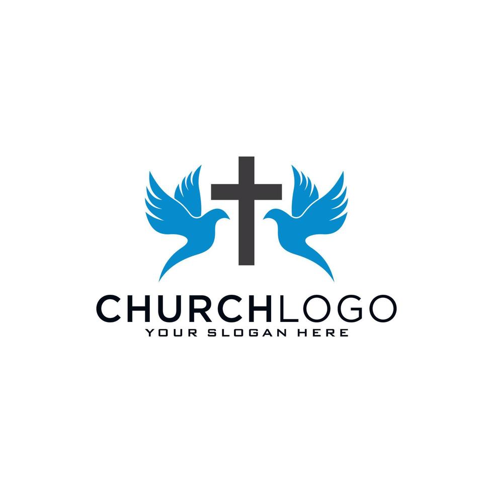 Church logo. Christian symbols. The Cross of Jesus, the fire of the Holy Spirit and the dove. vector