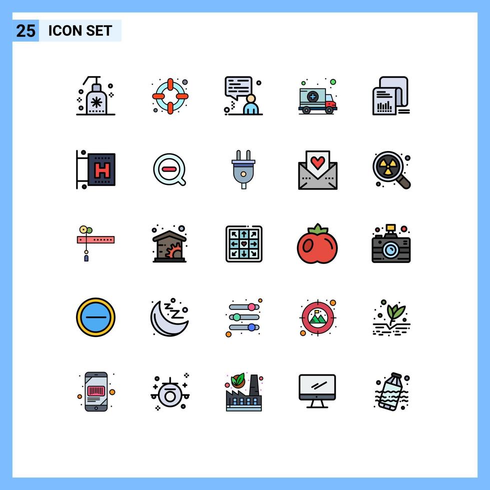 conjunto moderno de 25 colores planos de línea rellena pictografía de lista de verificación de chat de datos elementos de diseño vectorial editables del hospital vector