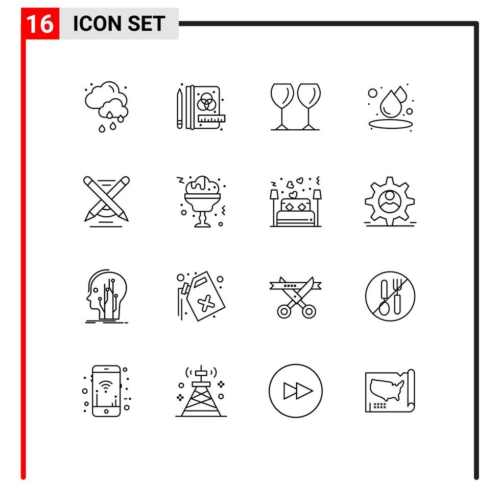 User Interface Pack of 16 Basic Outlines of wine pencil drink pen water Editable Vector Design Elements