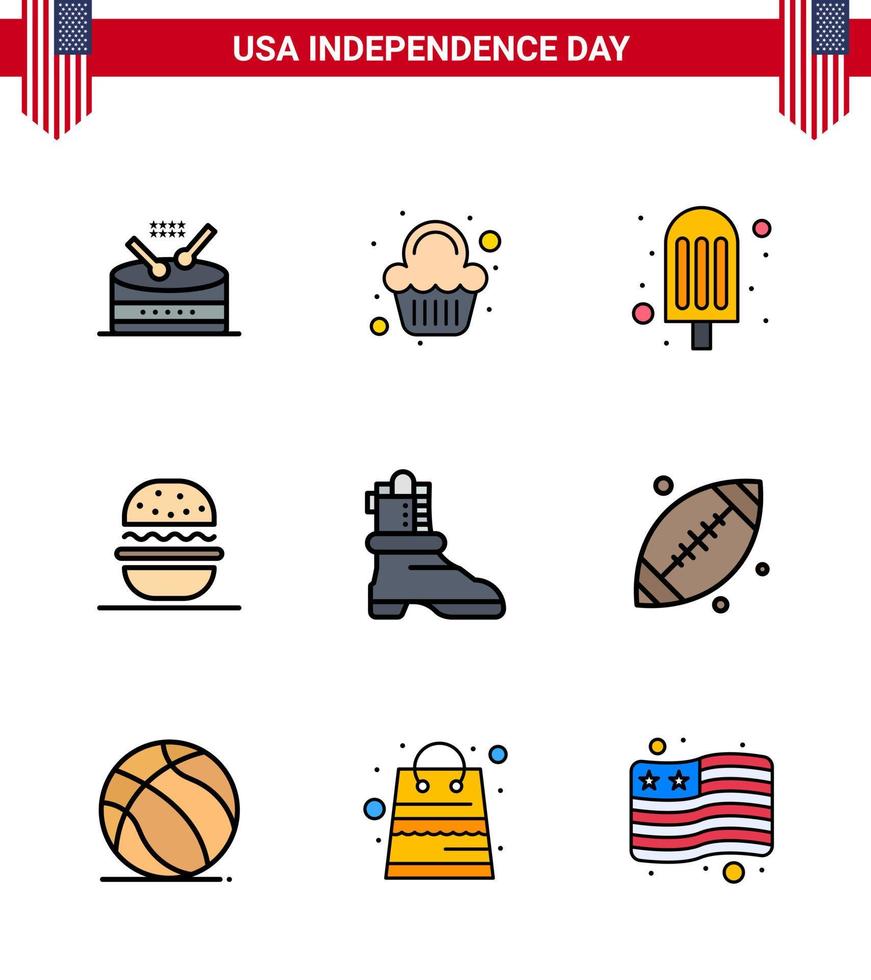9 USA Flat Filled Line Signs Independence Day Celebration Symbols of american shose cream usa eat Editable USA Day Vector Design Elements