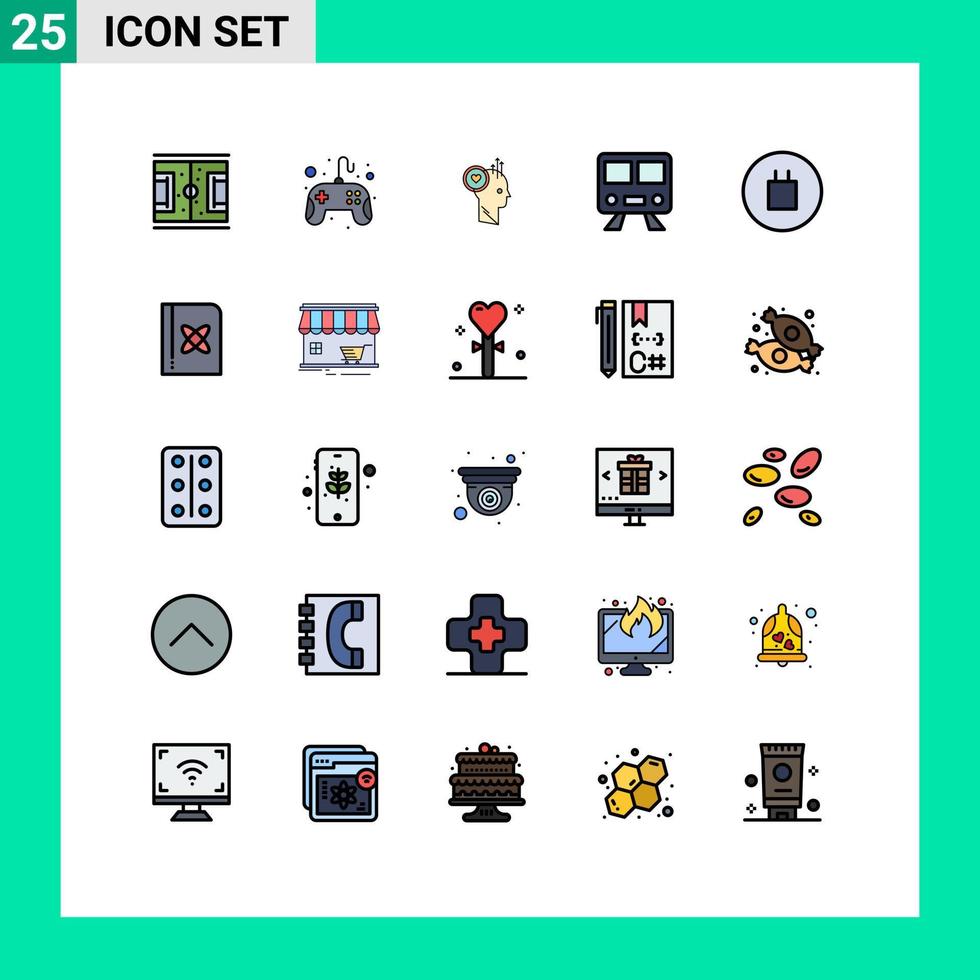 conjunto de color plano de línea llena de interfaz móvil de 25 pictogramas de elementos de diseño de vector editables de oficina de mapas de plataforma de tren