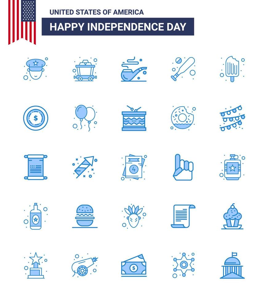 Pack of 25 USA Independence Day Celebration Blues Signs and 4th July Symbols such as dollar ice cream st food cold Editable USA Day Vector Design Elements