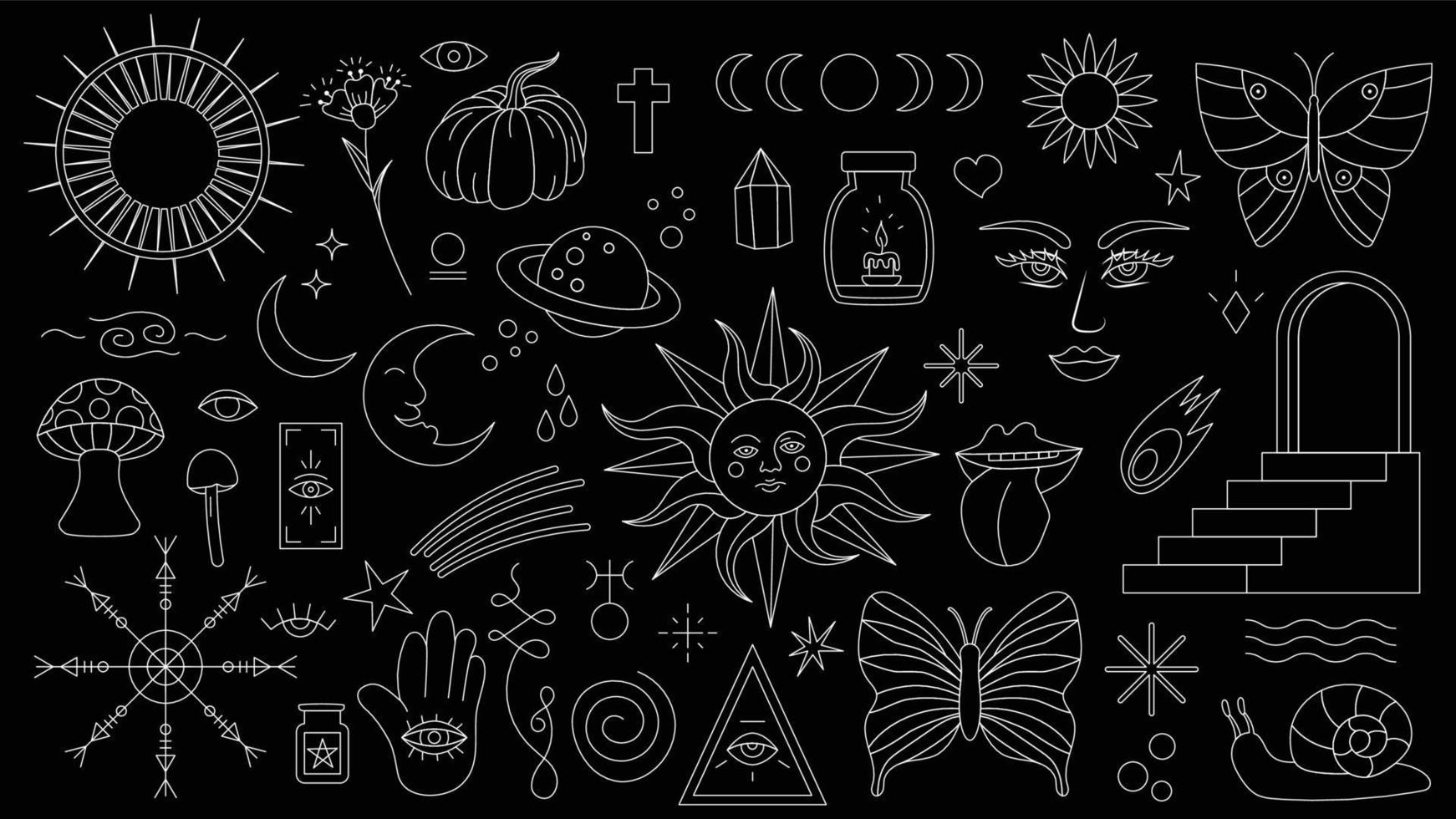 Magic background in retro style with hand drawn elements. Decorative mystical vector isolated pattern. editable stroke stickers. Esoteric element in minimalism. Collection of occult symbols tattoo art