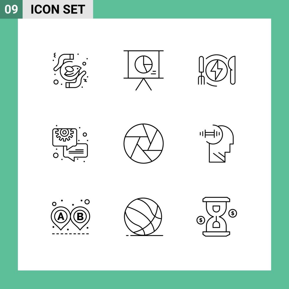 9 User Interface Outline Pack of modern Signs and Symbols of aperture consulting slide chat hotel Editable Vector Design Elements