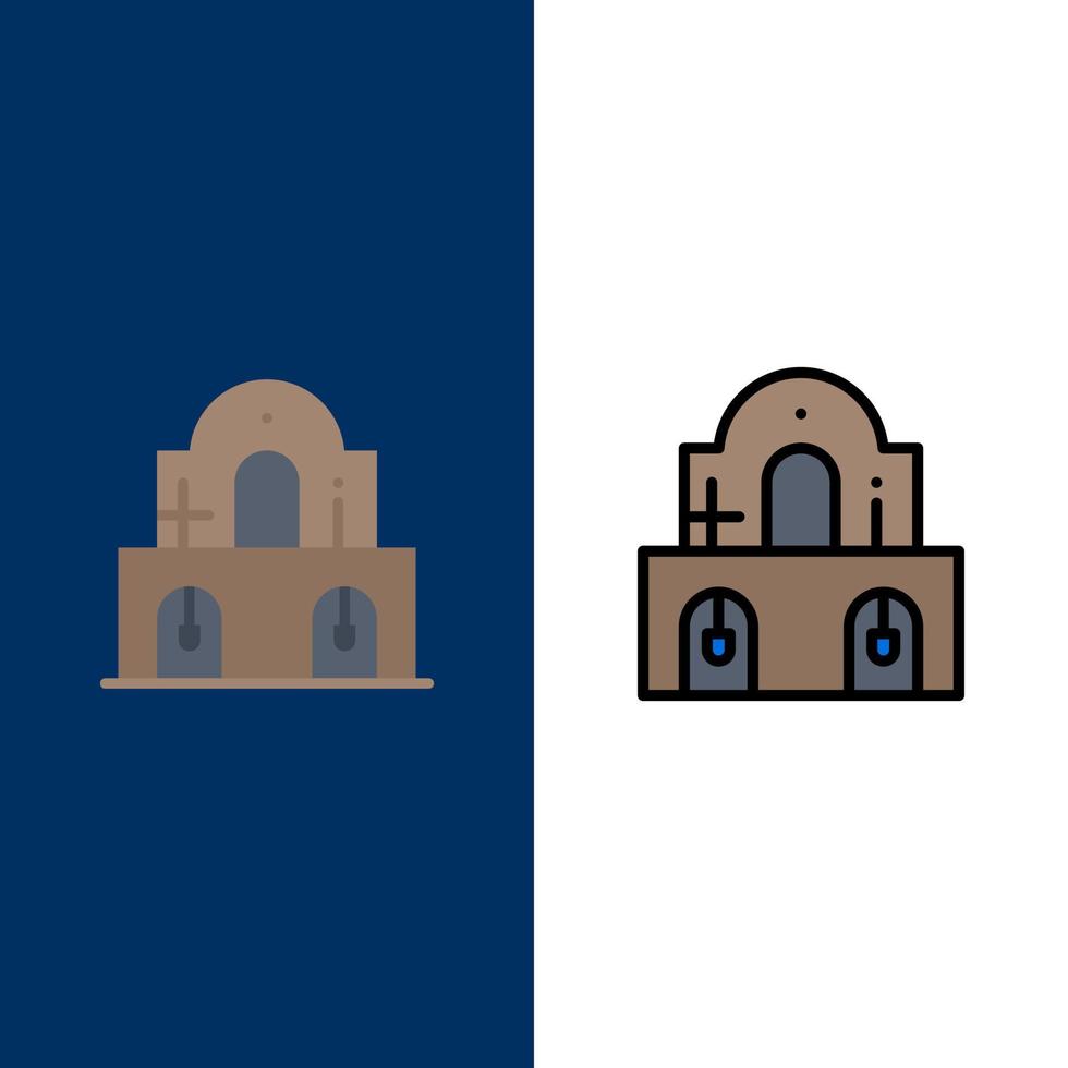 edificio navidad iglesia pascua iconos plano y línea llena conjunto de iconos vector fondo azul