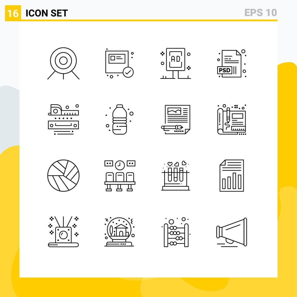 Universal Icon Symbols Group of 16 Modern Outlines of ruler level billboard psd document Editable Vector Design Elements