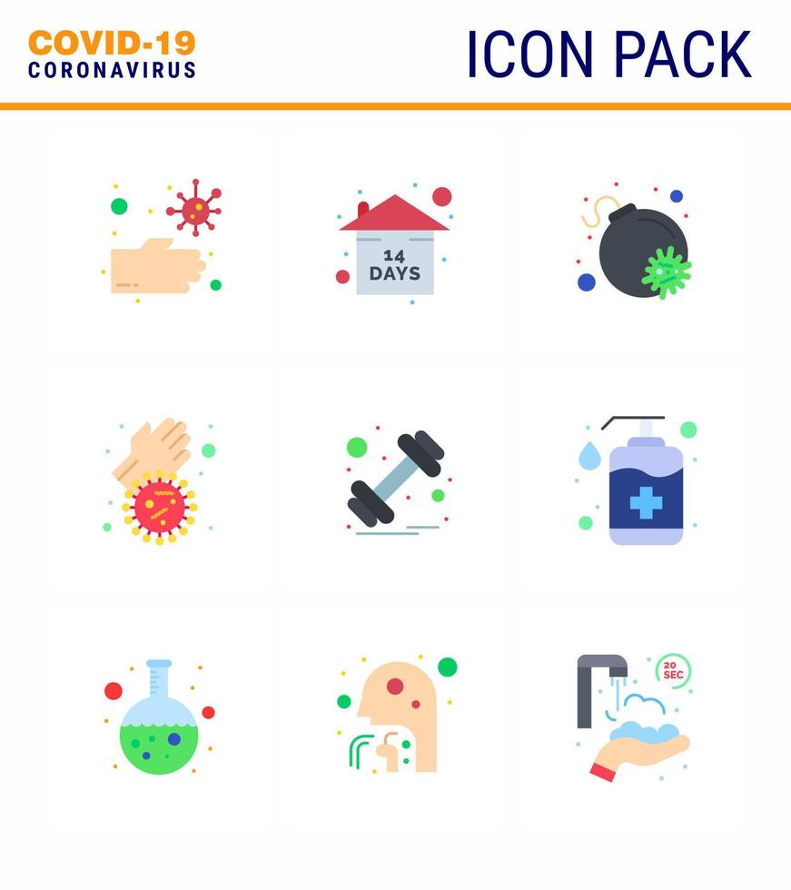 Corona virus 2019 and 2020 epidemic 9 Flat Color icon pack such as weight dumbbell attack virus dirty hands vector