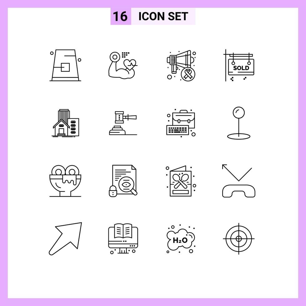 Group of 16 Outlines Signs and Symbols for building sold beat sign world Editable Vector Design Elements
