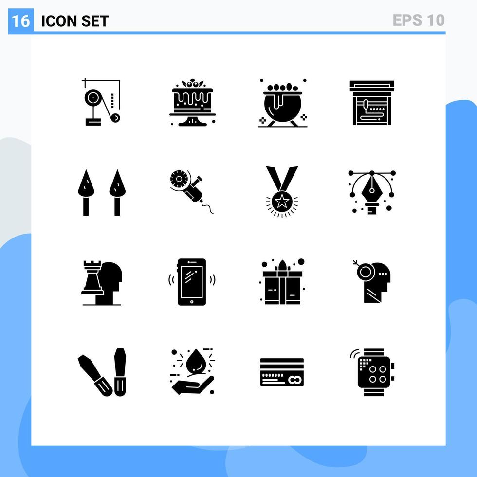 Modern Set of 16 Solid Glyphs Pictograph of power saw cauldron sparrowgrass printing Editable Vector Design Elements
