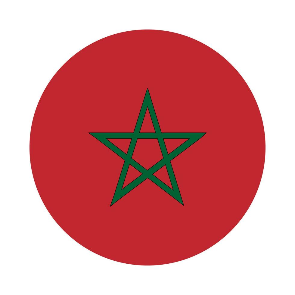 bandera de marruecos en círculo. es un rectángulo rojo y una estrella verde de cinco puntas con un borde negro. vector