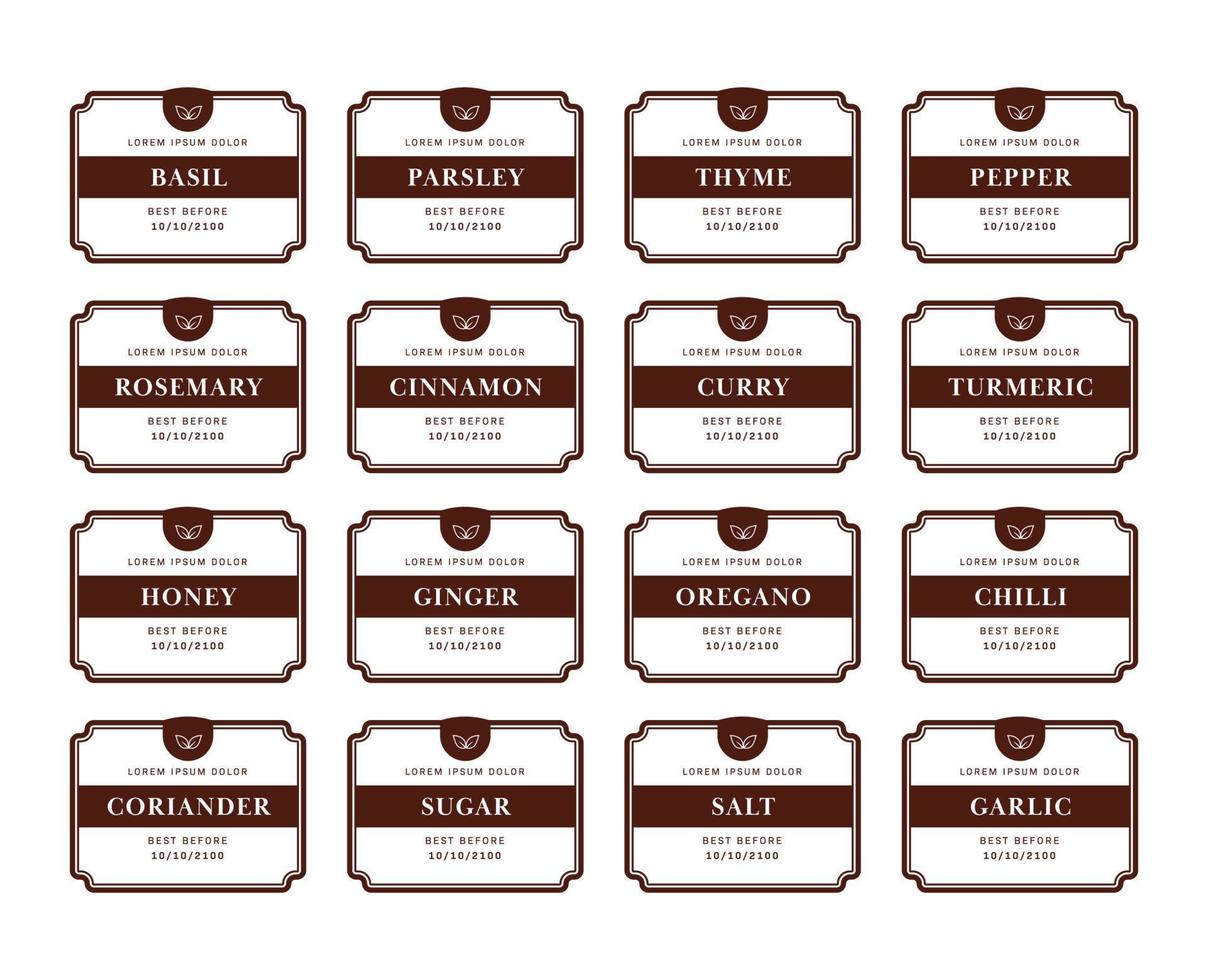Kitchen seasoning pantry label sticker set with simple classic brown square frame vector