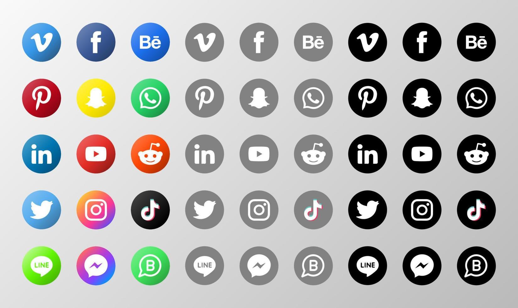 Social media icons set gradient, gray, and black silhouette style icons. vector