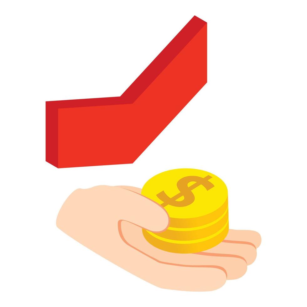 Financial insurance icon isometric vector. Hand holds stack coin red arrow down vector