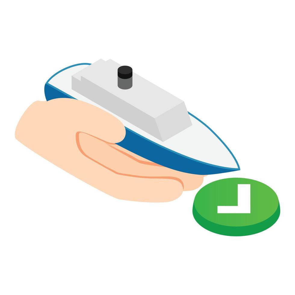 vector isométrico del icono del seguro marítimo. mano que sostiene el botón de marca de verificación verde del barco