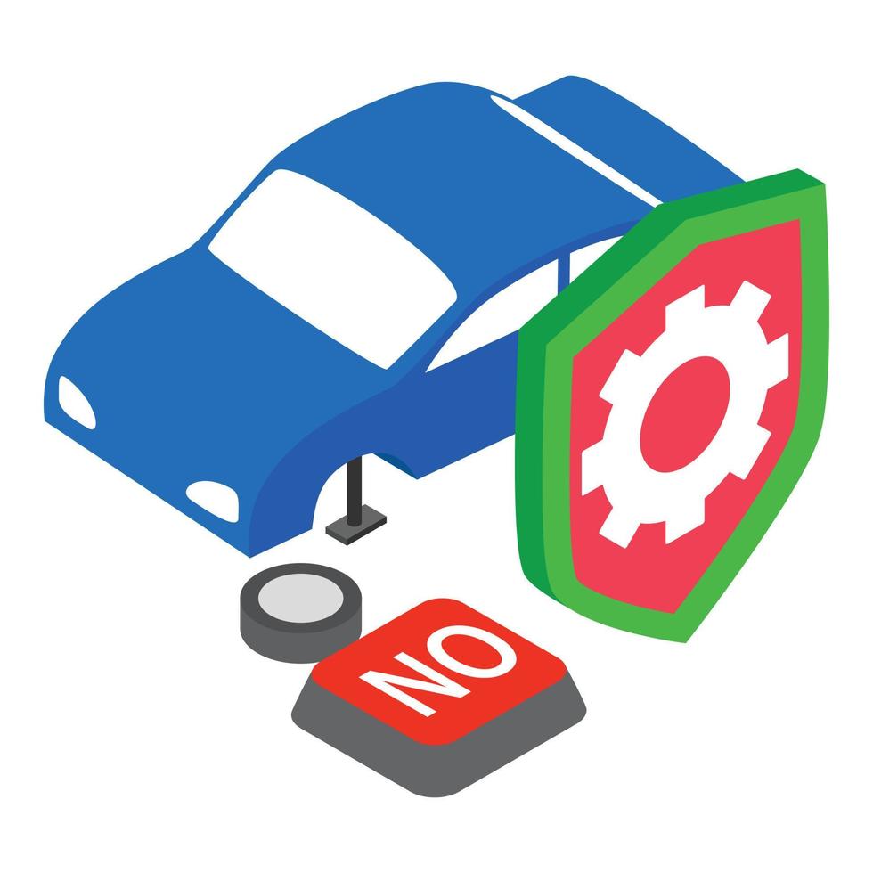 vector isométrico del icono del seguro del vehículo. escudo de la rueda del gato del coche y botón no