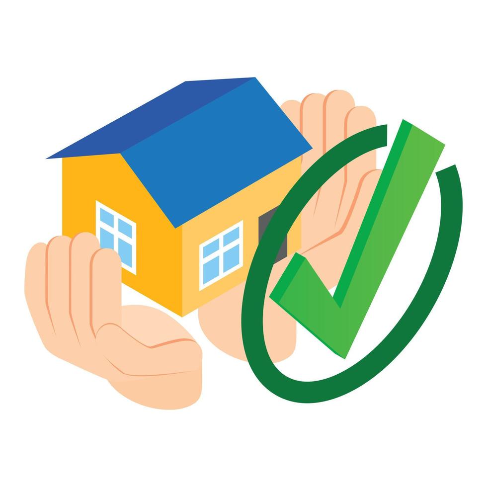 Property insurance icon isometric vector. House in human hand checkmark icon vector