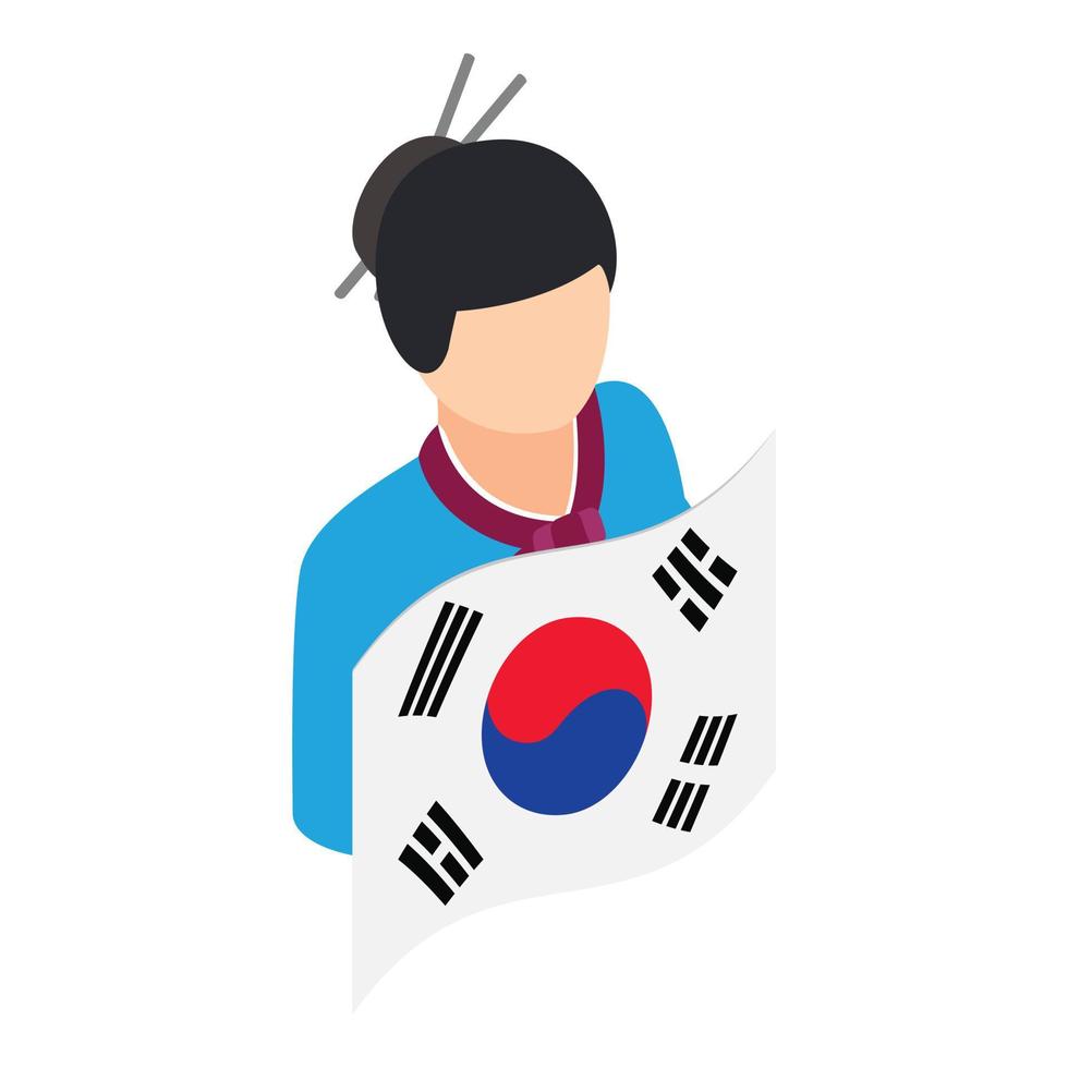 vector isométrico del icono de la chica coreana. mujer en traje nacional con bandera del país