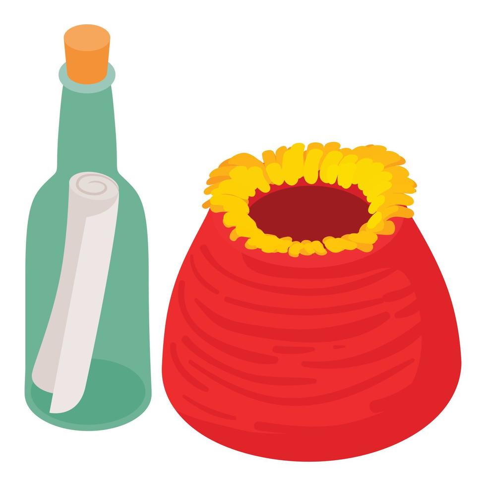 Marine find icon isometric vector. Red tube giant sponge and message in bottle vector