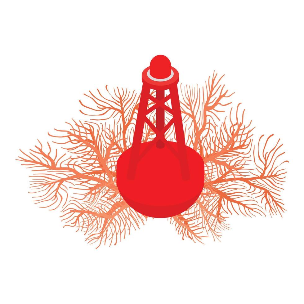 vector isométrico del icono del símbolo del mar. icono de arrecife de coral y faro flotante rojo