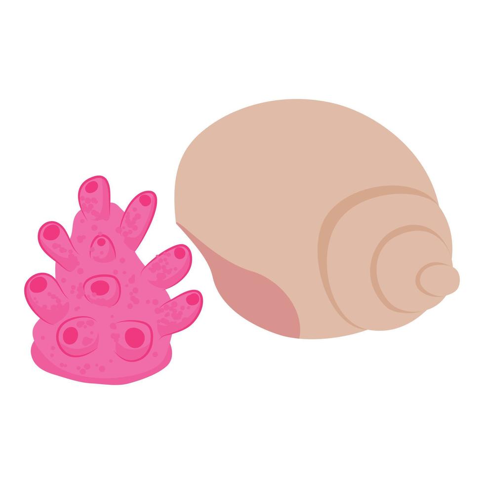 vector isométrico del icono de la flora submarina. coral hongo duro y concha de mar en espiral