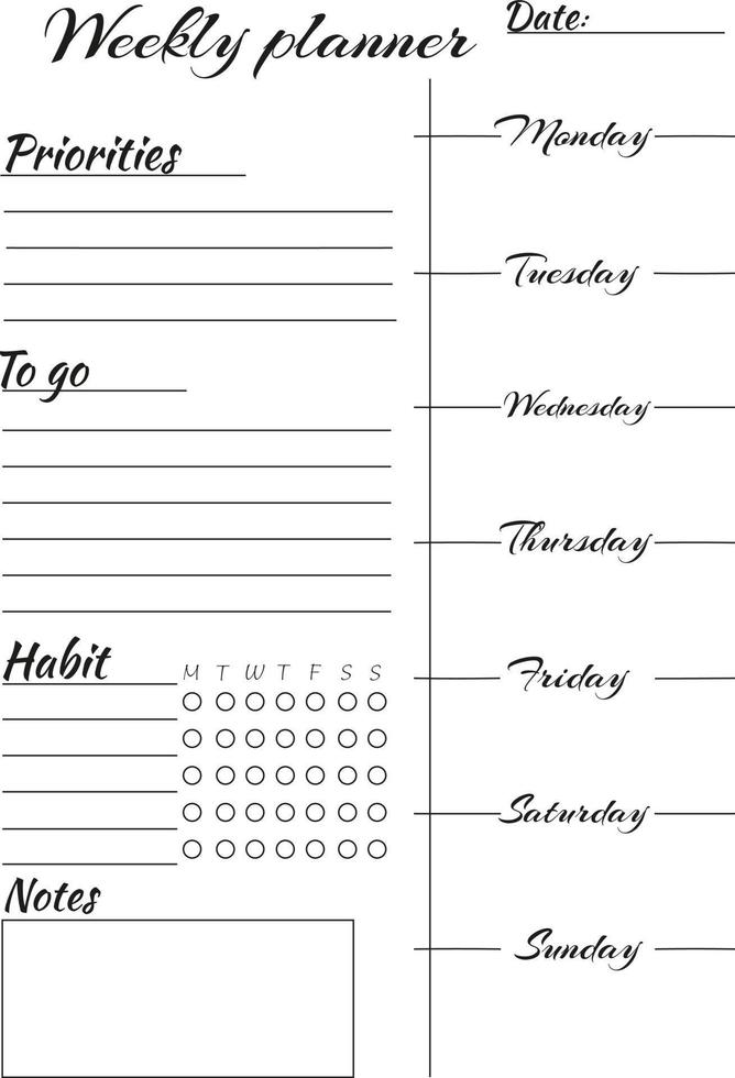 Reminder, plans, goals, tasks, notes, schedule. Personal weekly. vector