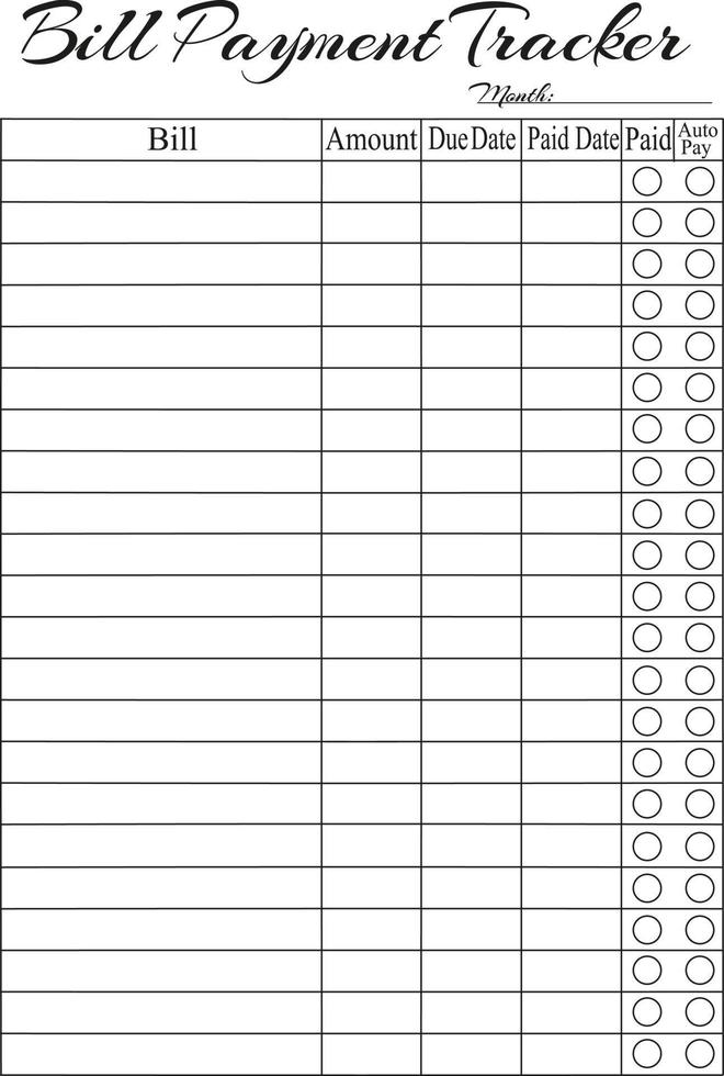 Invoice tracking template. Monthly planner. Notebook page, organizer. vector