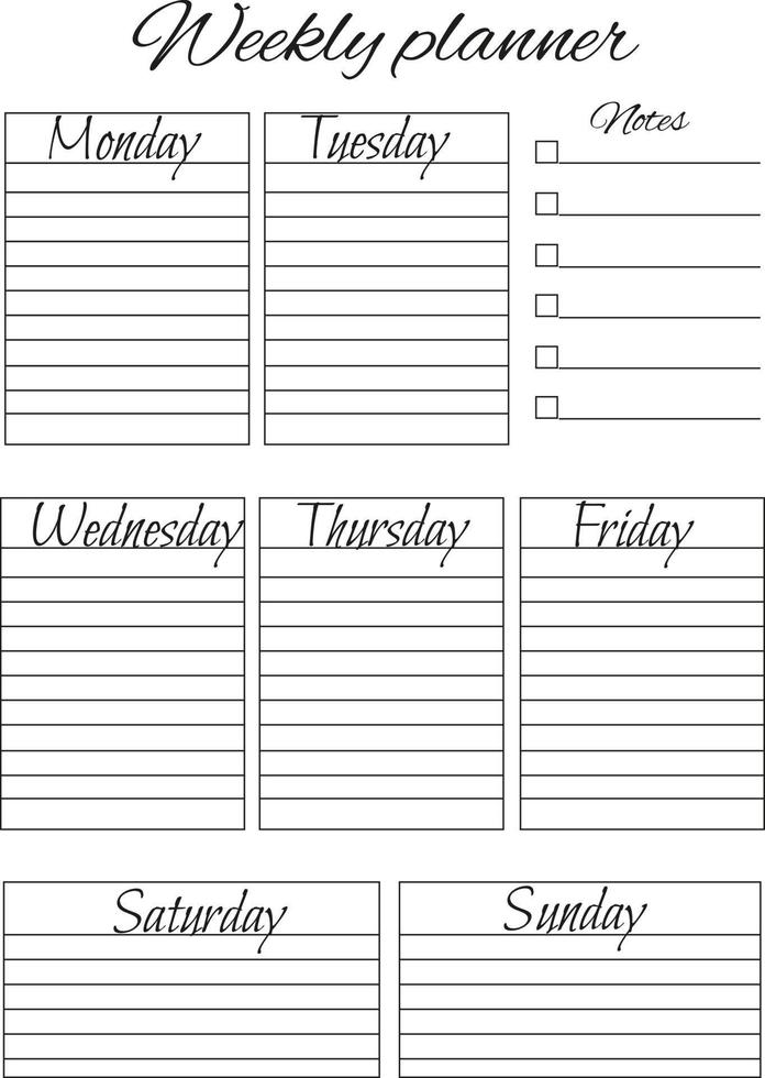 Organizer. Personal weekly. Plans, goals, reminders, schedule, notes. vector