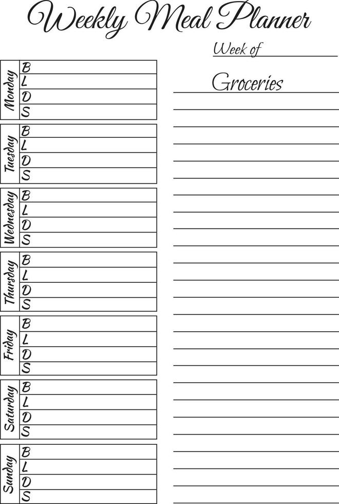 Breakfast, lunch, dinner and snacks. Meal planning and grocery list. Weekly menu planner. vector