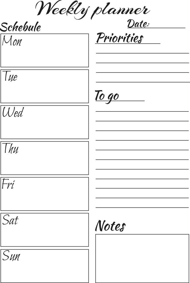 Notes, plans, goals, tasks, reminder, schedule. Personal weekly. vector