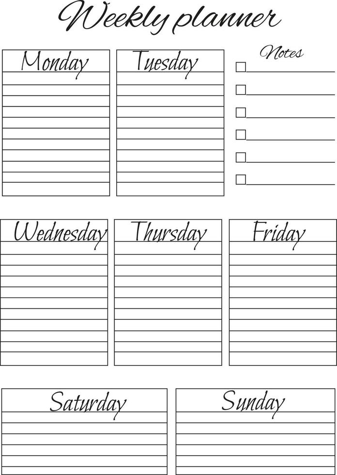 Personal weekly planner. Plans, goals, tasks, installations, distributions, schedule. vector