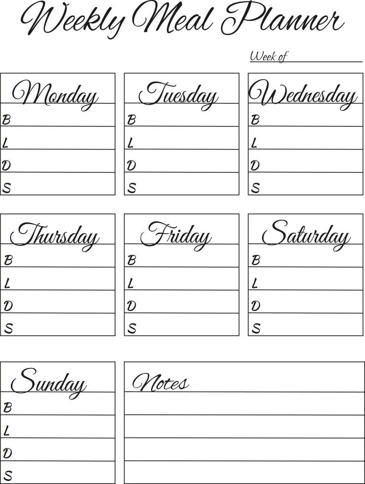 Weekly menu planner. Meal planning and grocery list. Breakfast, lunch, dinner and snacks. vector