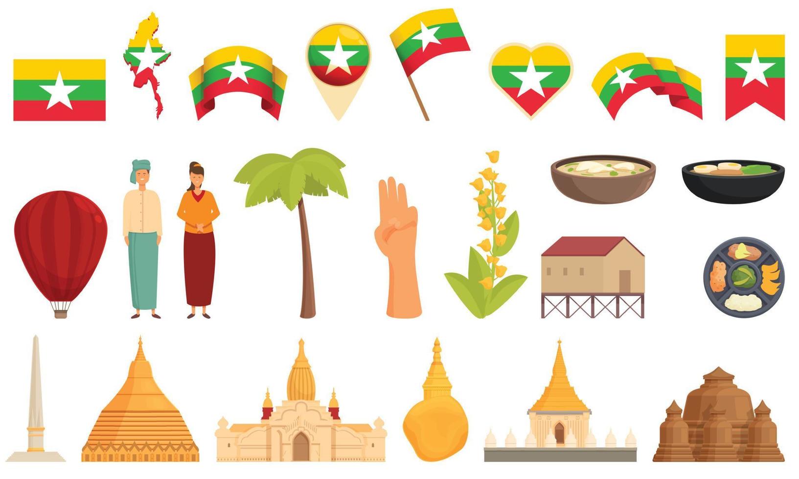 Myanmar icons set cartoon vector. Burma landmark vector