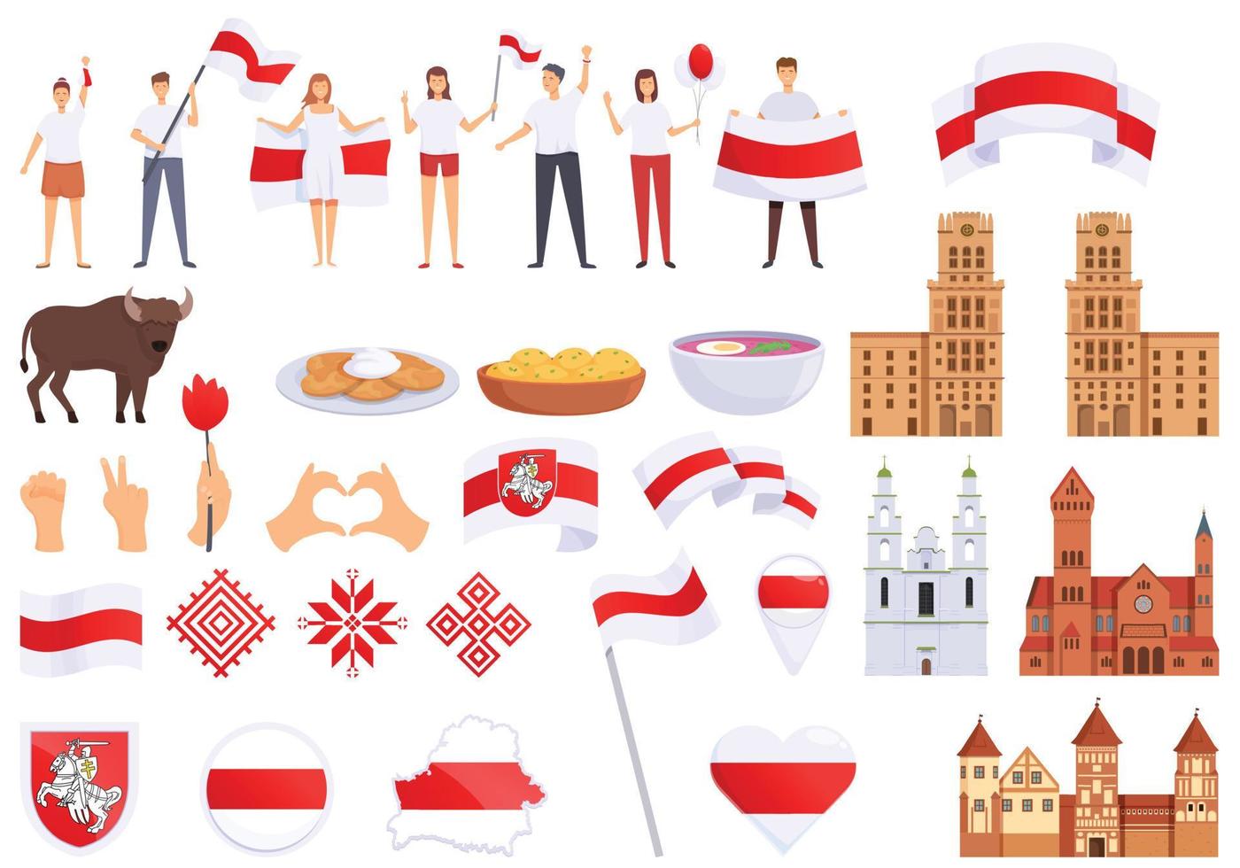 Belarus icons set cartoon vector. Minsk architecture vector