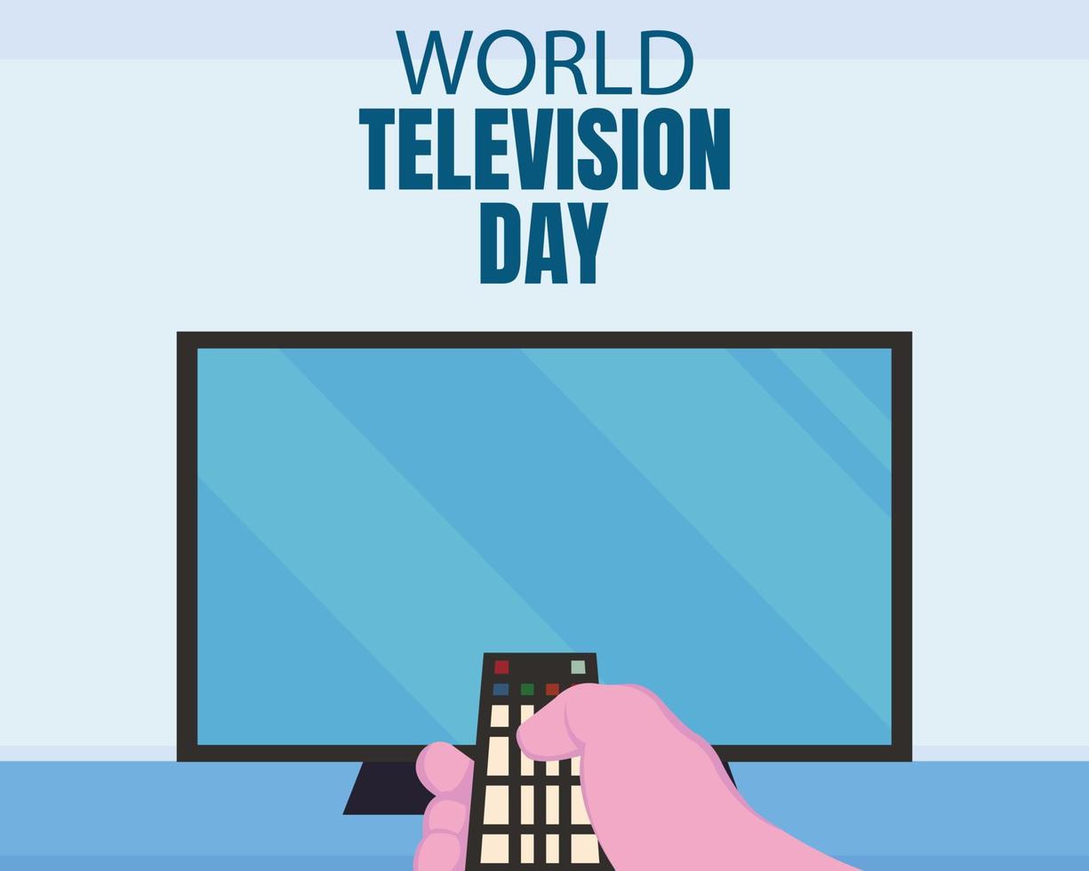 illustration vector graphic of a hand holding a tv remote, showing a flat tv screen, perfect for international day, world television day, celebrate, greeting card, etc.