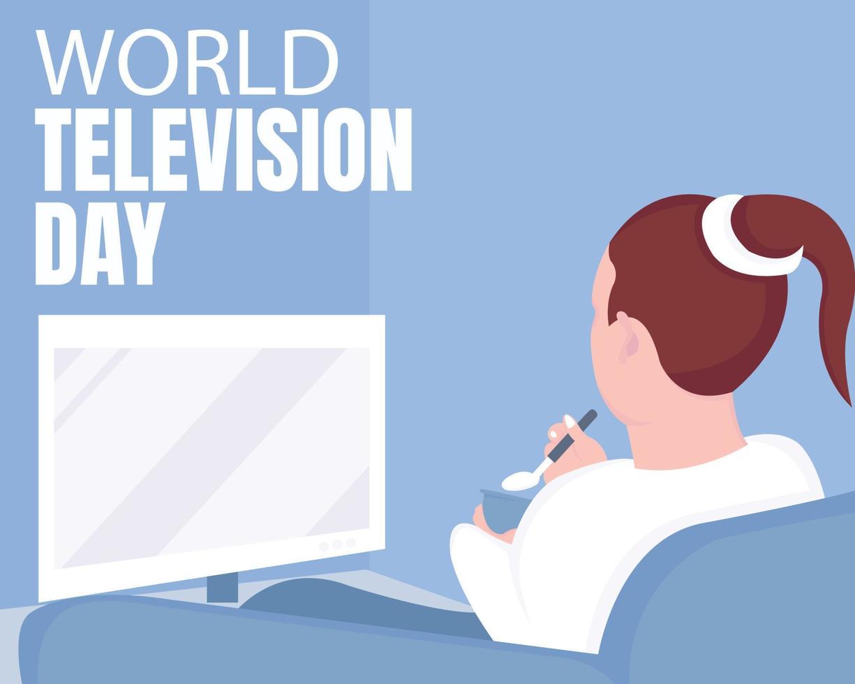 illustration vector graphic of a woman is watching tv while eating snacks, perfect for international day, world television day, celebrate, greeting card, etc.