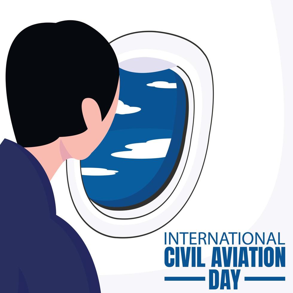 ilustración gráfica vectorial de un pasajero mira la vista de las nubes desde la ventana de un avión, perfecta para el día internacional, día de la aviación civil, celebración, tarjeta de felicitación, etc. vector