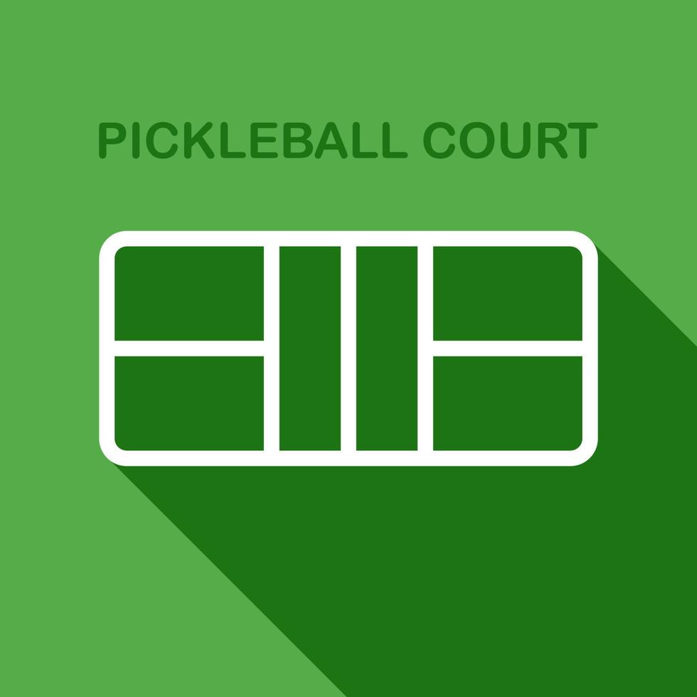 Pickleball court linear outline icon with long shadow on green background. Vector illustration.