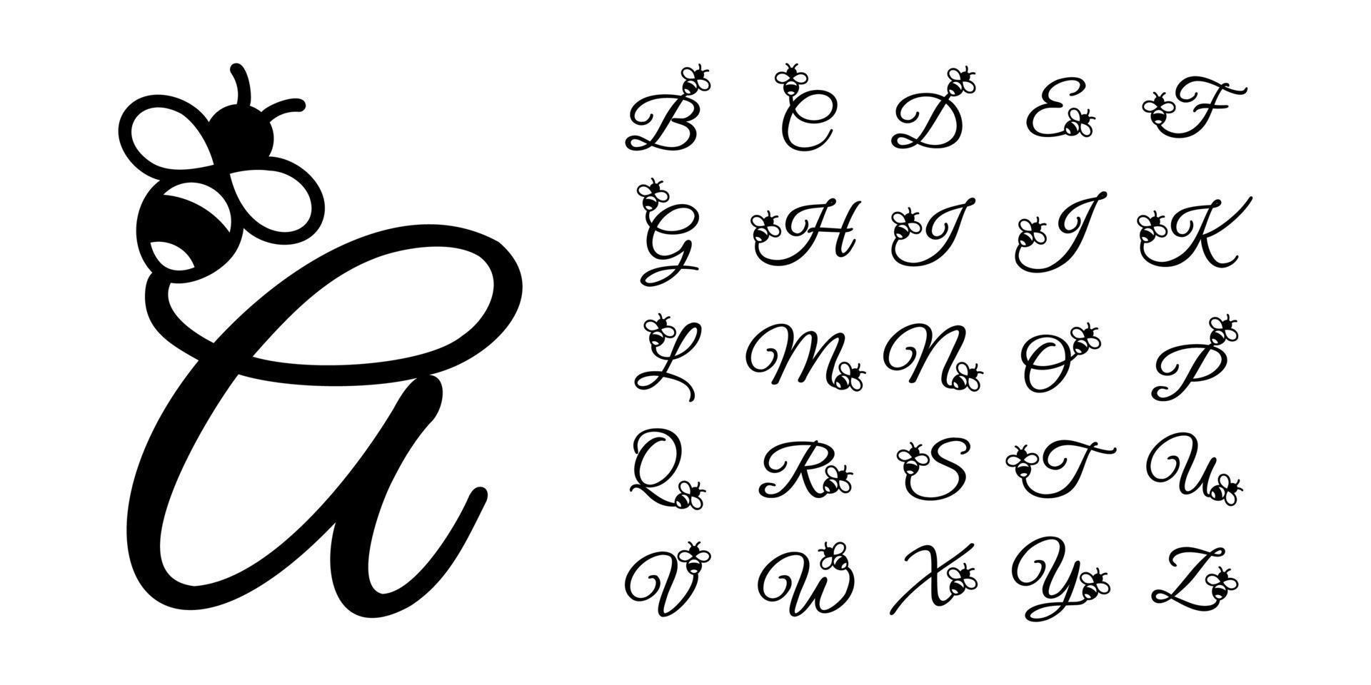 Black bee alphabet letters monogram font vector