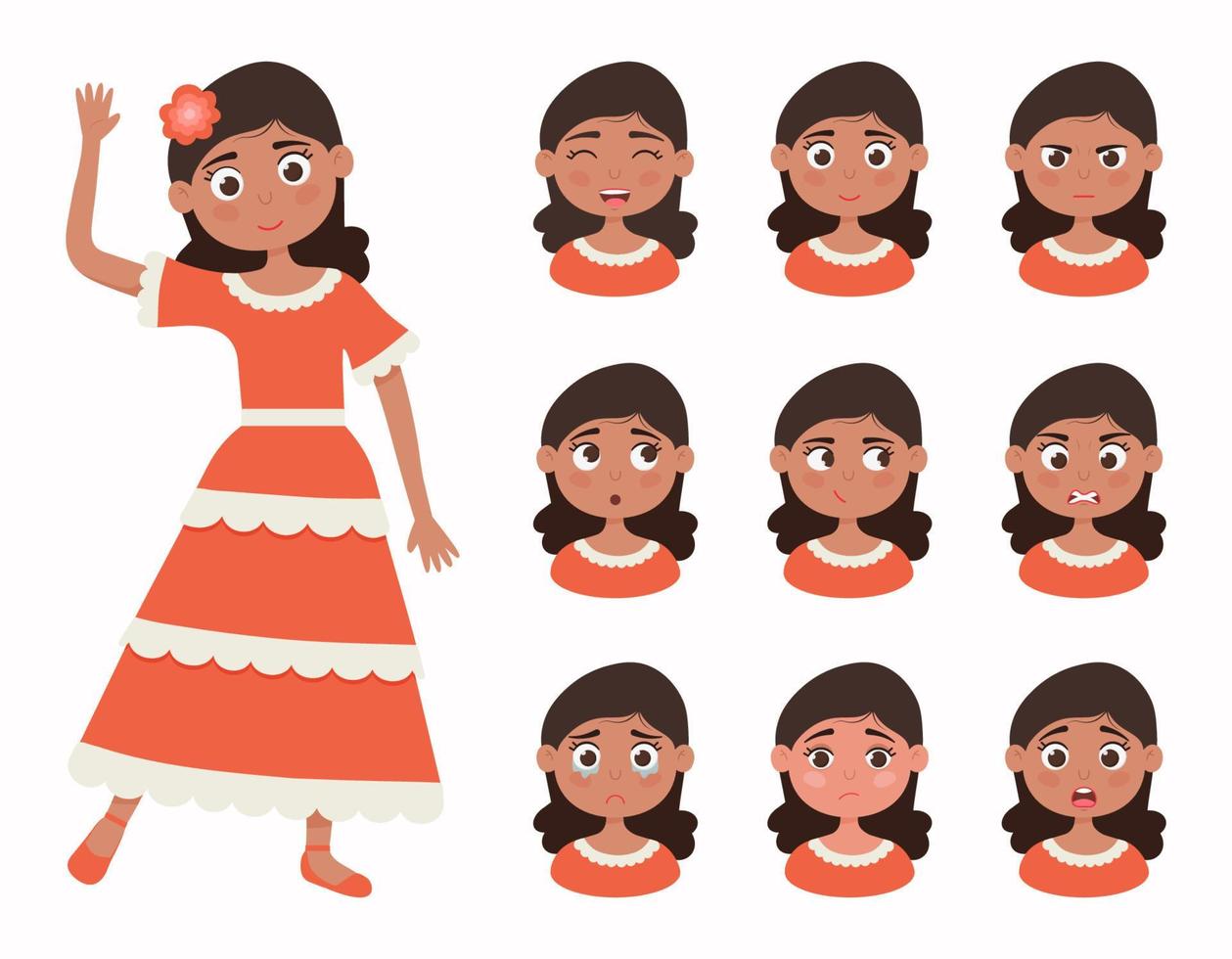 caricatura, niña latina, conjunto, carácter, emoción, vector, ilustración, blanco, plano de fondo vector