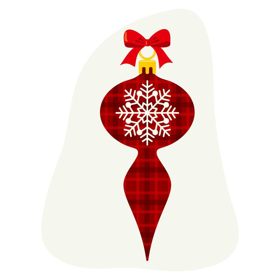 Christmas tree decoration, clipart element in plaid texture, red ribbon and bow. Holiday illustration on isolated background for celebration of winter, Christmas or New Year. vector