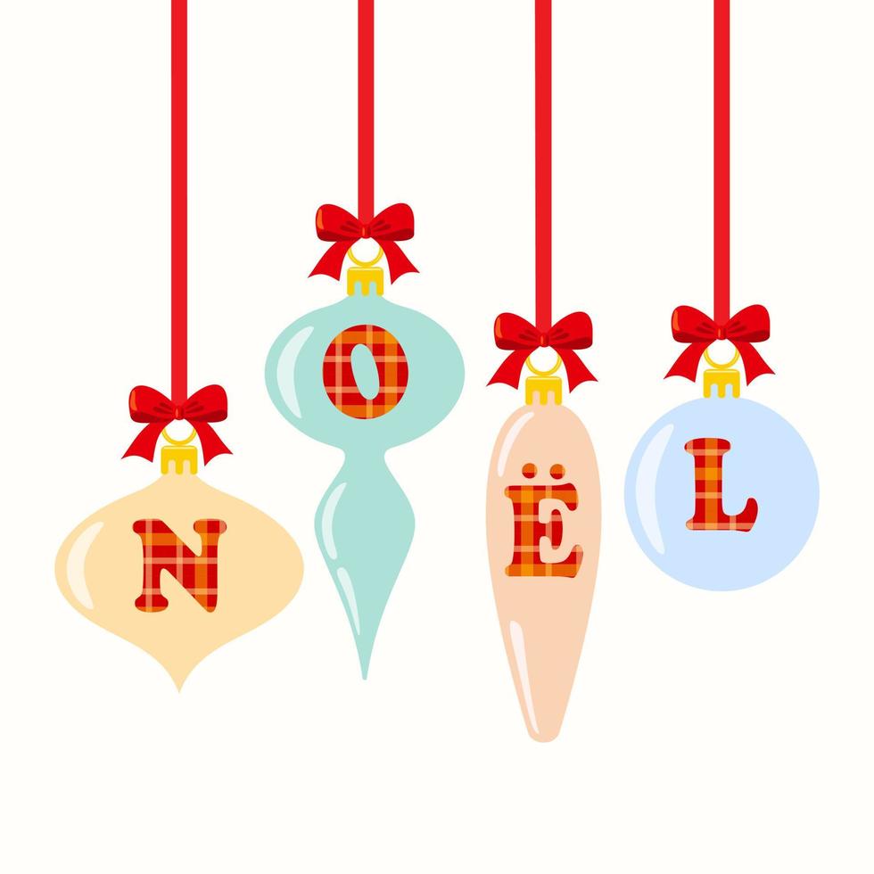 Clip art set of Christmas tree decoration balls in pastel colours, red ribbon and bow. Isolated background. Holiday illustration, celebration of winter, Christmas or New Year. vector