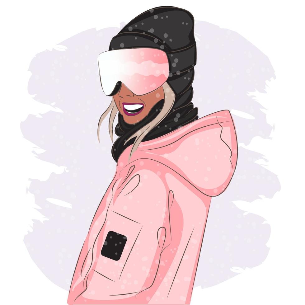 mujer de moda en gafas de esquí en una estación de esquí, moda, ilustración vectorial vector