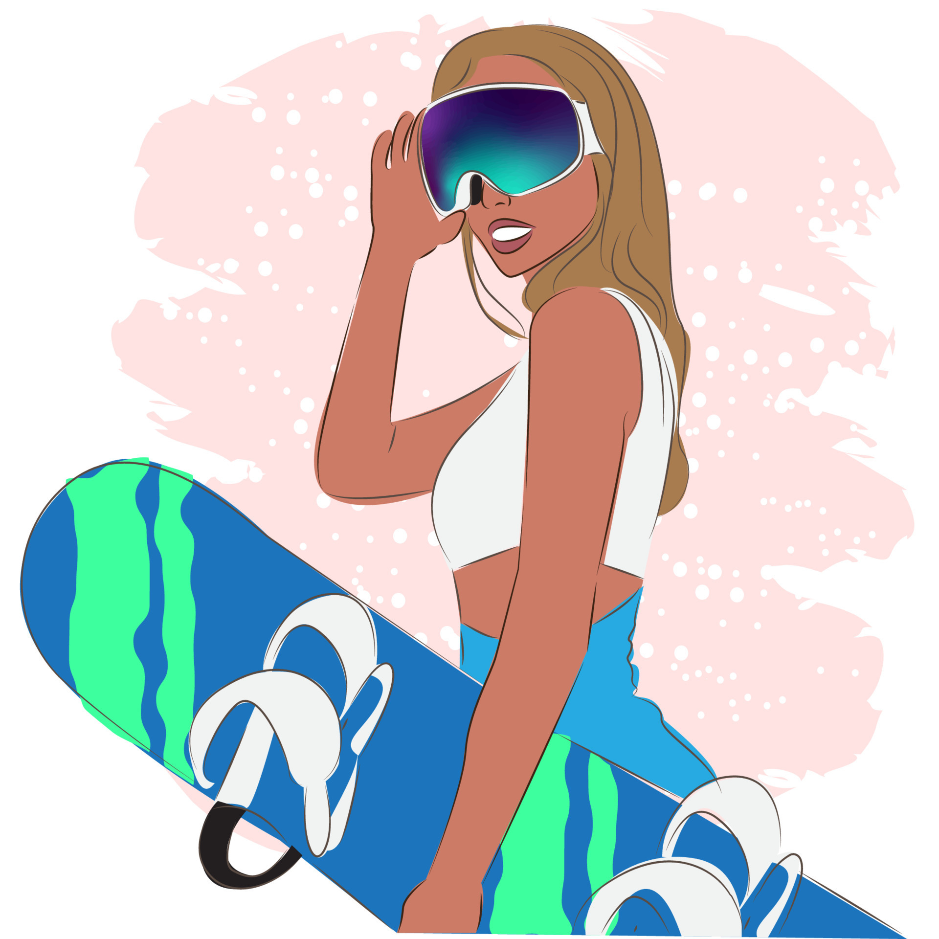 Fashionable woman in ski goggles at a ski resort, fashion, vector