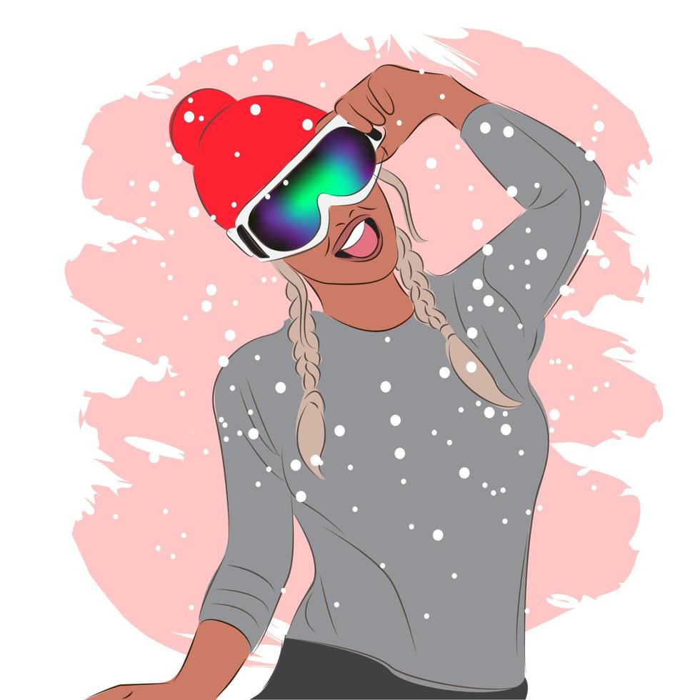 mujer de moda en gafas de esquí en una estación de esquí, moda, ilustración vectorial vector