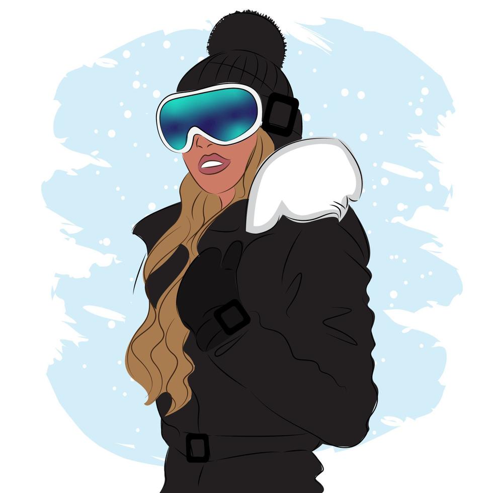 Fashionable woman in ski goggles at a ski resort, fashion, vector illustration