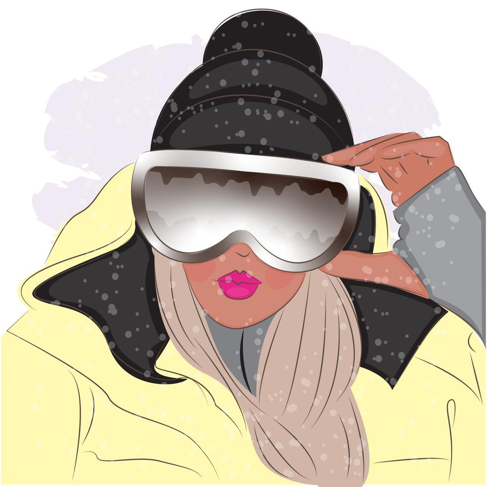 mujer de moda en gafas de esquí en una estación de esquí, moda, ilustración vectorial vector