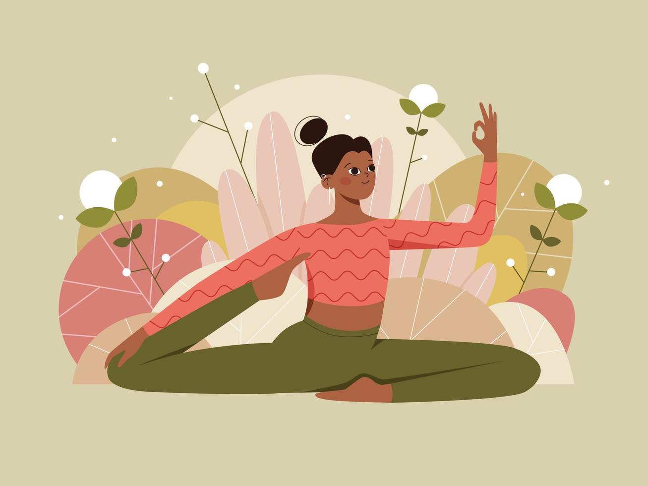 mujer haciendo pose de yoga en el fondo de la naturaleza con hojas. ilustración conceptual para yoga, pilates y estilo de vida saludable. ilustración vectorial plana. vector