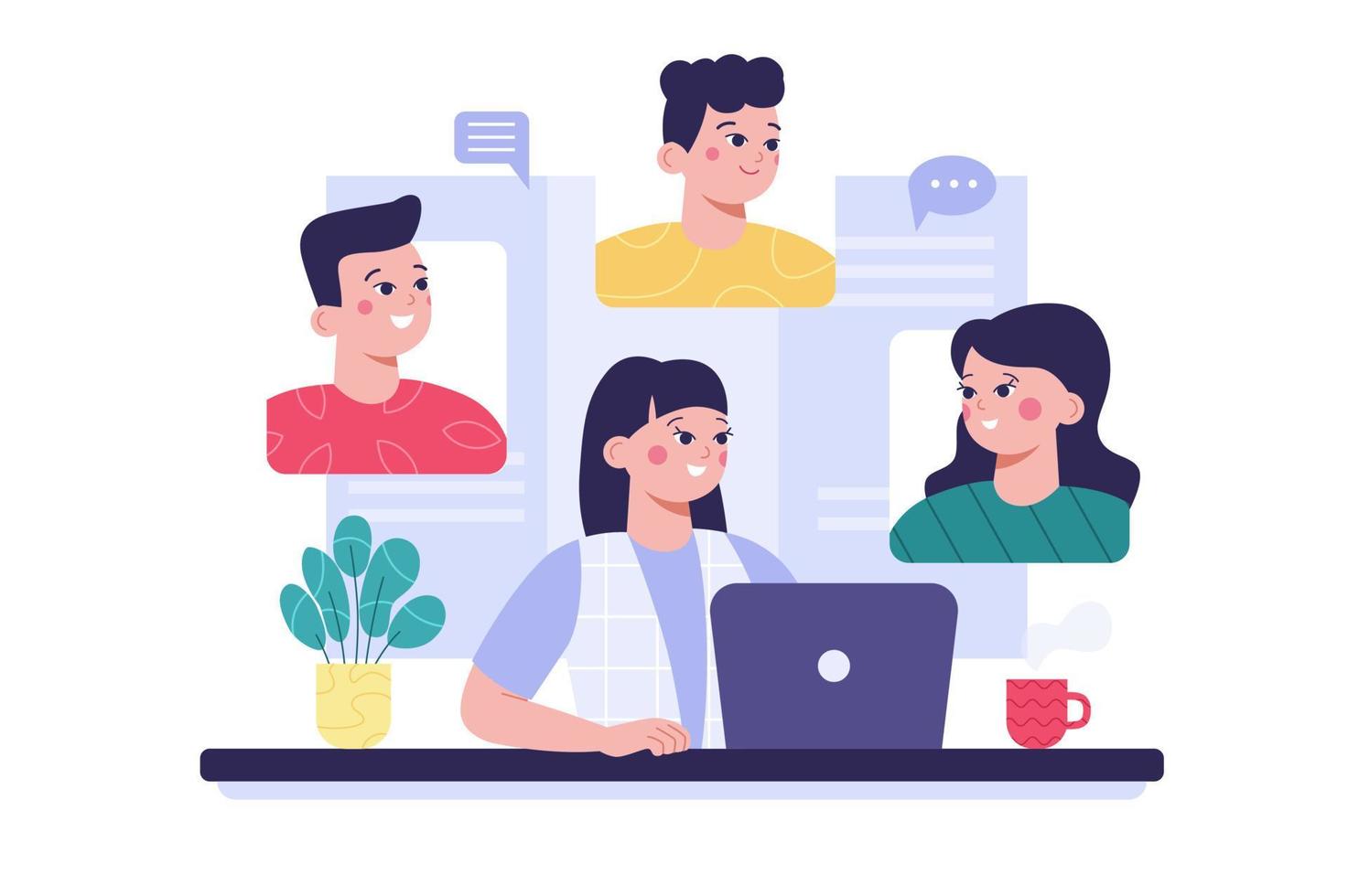 Group of people communicate via video call. Online meeting or conference. Flat vector illustration.
