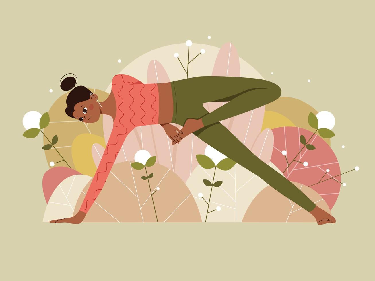 mujer haciendo pose de yoga en el fondo de la naturaleza con hojas. ilustración conceptual para yoga, pilates y estilo de vida saludable. ilustración vectorial plana. vector